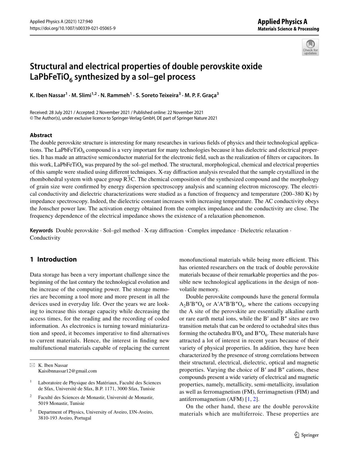 Structural And Electrical Properties Of Double Perovskite Oxide Lapbfetio6 Synthesized By A Solgel Process K Iben Nassar M Slimi N Rammeh S Soreto Teixeira M P F Graa