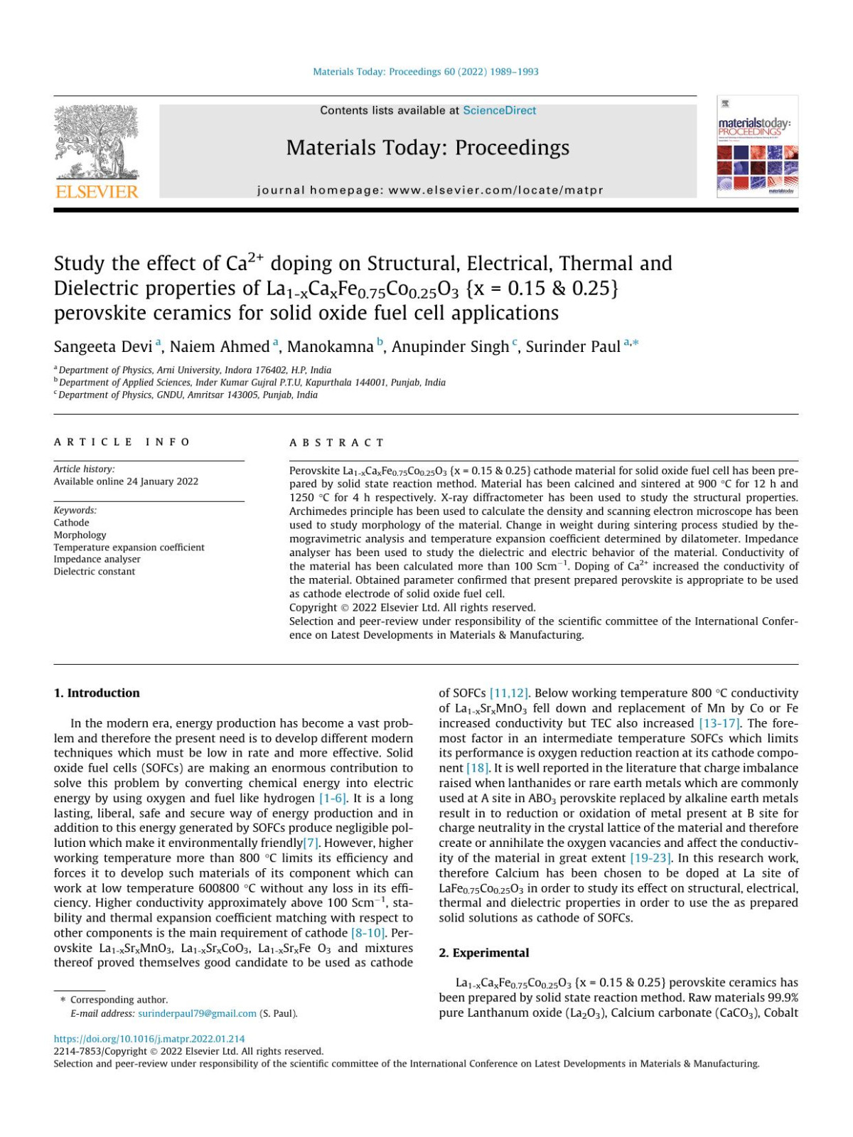 Study The Effect Of Ca2 Doping On Structural Electrical Thermal And Dielectric Properties Of La1xcaxfe075co025o3 X015 025 Perovskite Ceramics For Solid Oxide Fuel Cell Applications Sangeeta Devi Naiem Ahmed Manokamna Anupinder Singh Surinder Paul