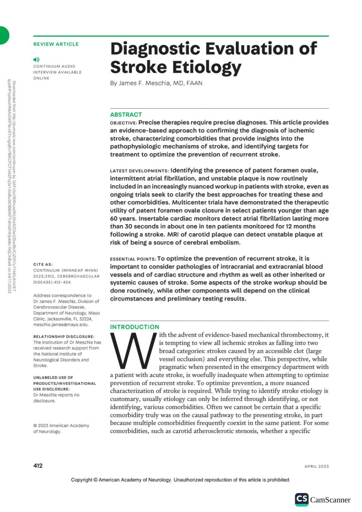 Diagnostic Evaluation Of Stroke Etiology James F Meschia Md
