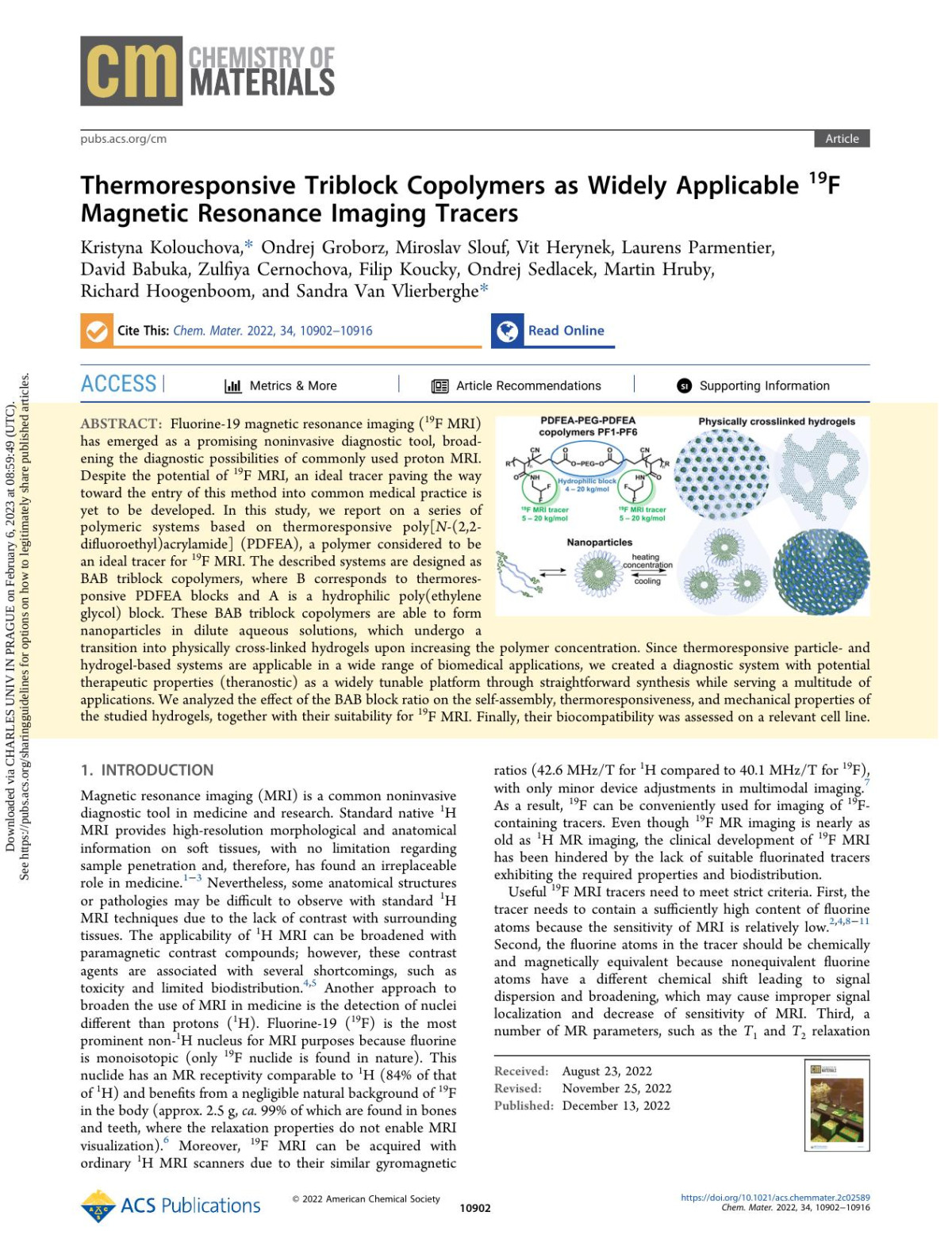 Thermoresponsive Triblock Copolymers As Widely Applicable 19f Magnetic Resonance Imaging Tracers 24th Edition Kristyna Kolouchova