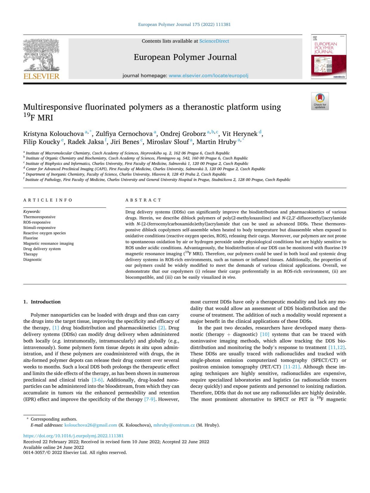 Multiresponsive Fluorinated Polymers As A Theranostic Platform Using 19f Mri Kristyna Kolouchova