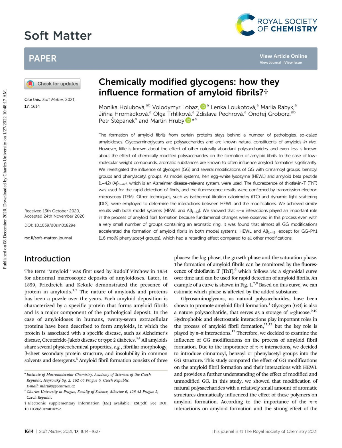 Chemically Modified Glycogens How They Influence Formation Of Amyloid Fibrils Monika Holubov
