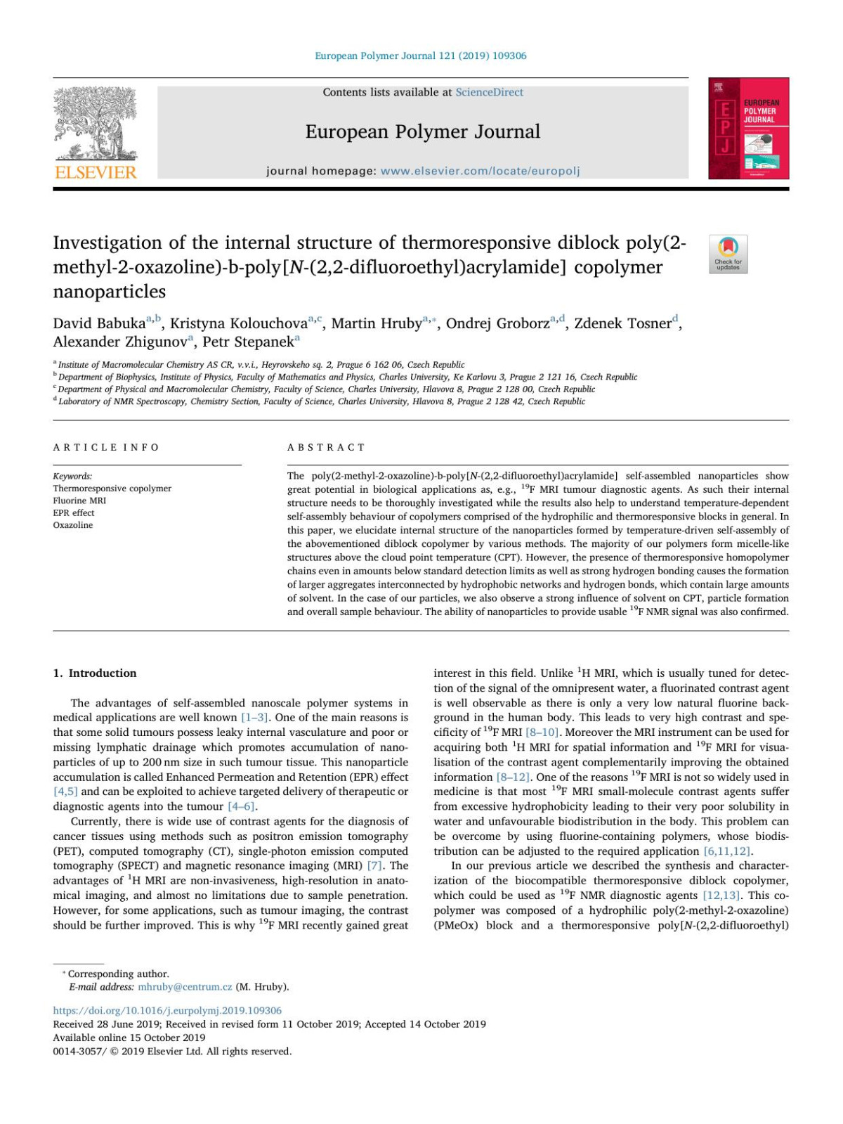 Investigation Of The Internal Structure Of Thermoresponsive Diblock Poly2methyl2oxazolinebpolyn22difluoroethylacrylamide Copolymer Nanoparticles 11th Edition David Babuka