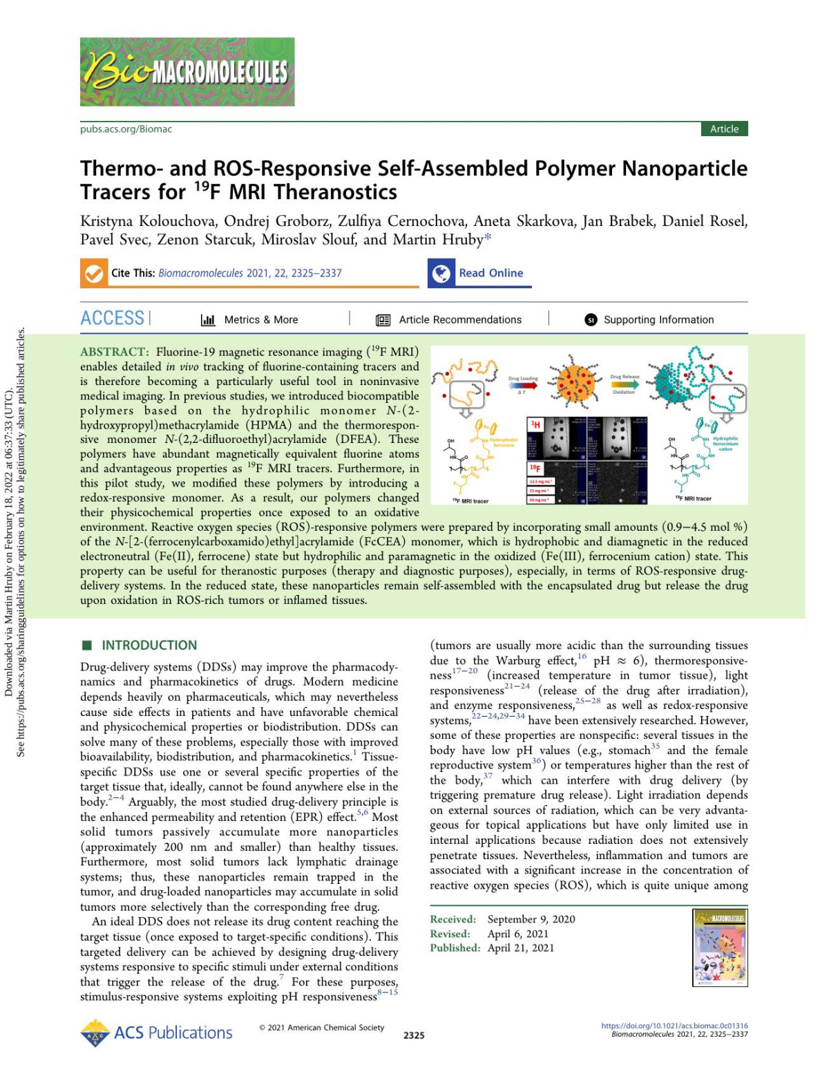 Thermo And Rosresponsive Selfassembled Polymer Nanoparticle Tracers For 19f Mri Theranostics 6th Edition Kristyna Kolouchova