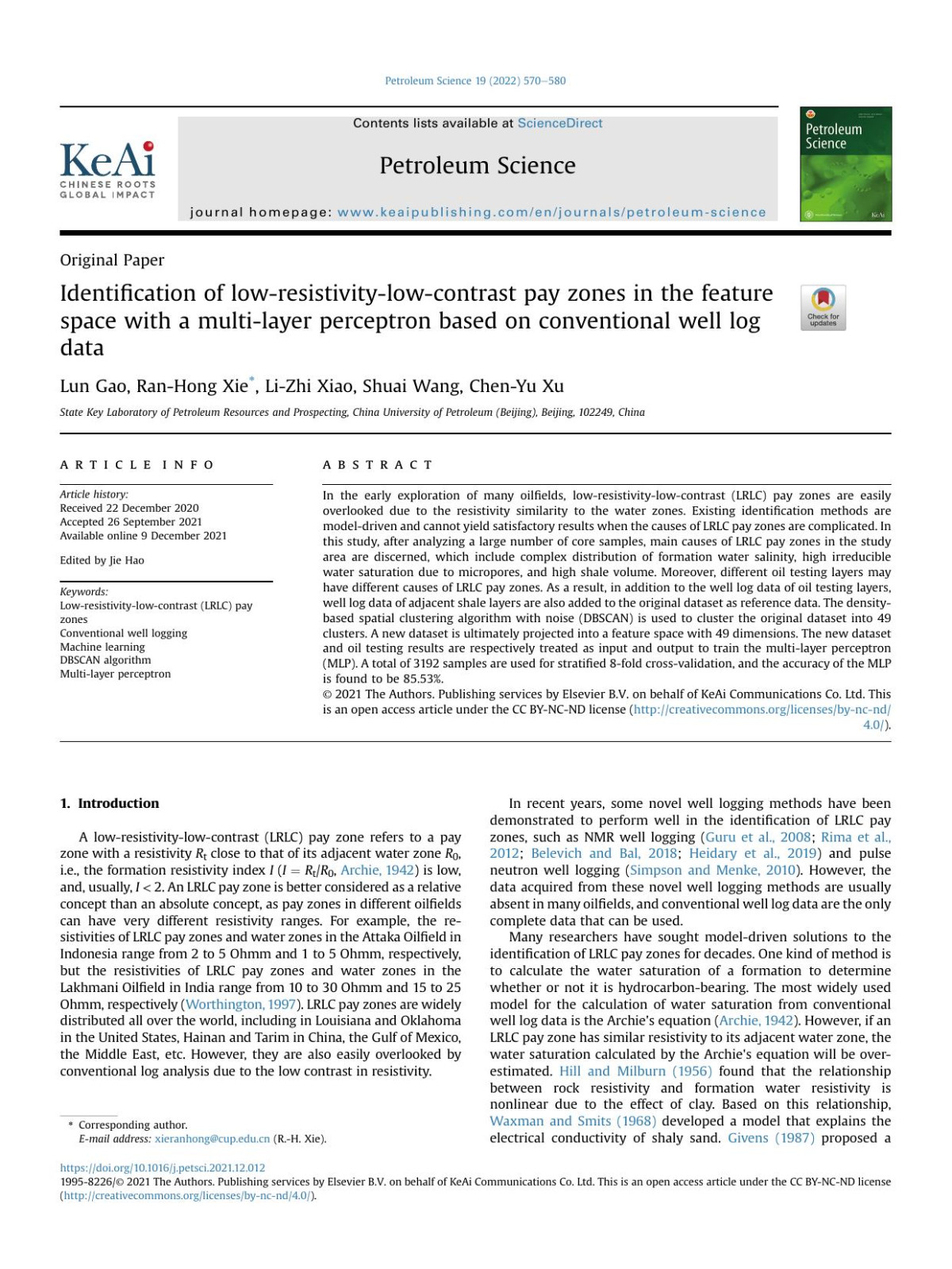 Identification Of Lowresistivitylowcontrast Pay Zones In The Feature Space With A Multilayer Perceptron Based On Conventional Well Log Data Lun Gao Ranhong Xie Lizhi Xiao Shuai Wang Chenyu Xu