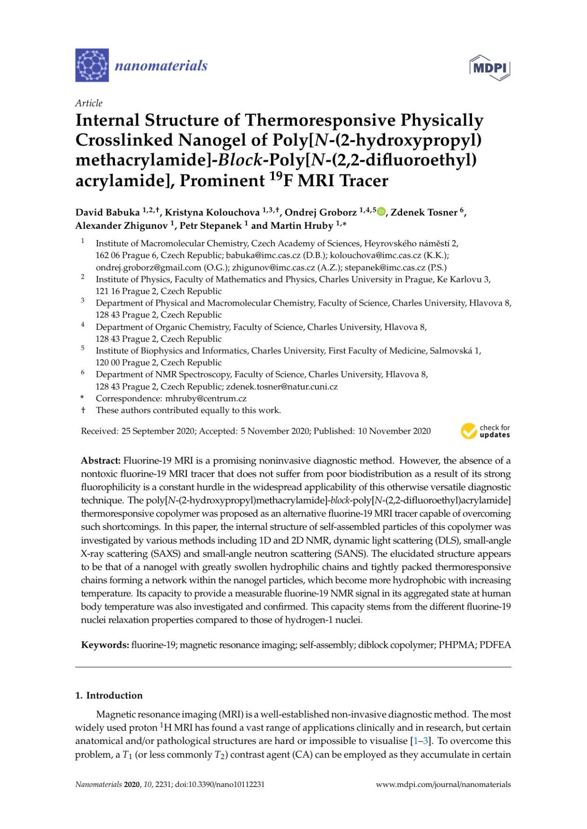 Internal Structure Of Thermoresponsive Physically Crosslinked Nanogel Of Polyn2hydroxypropylmethacrylamideblockpolyn22difluoroethylacrylamide Prominent 19f Mri Tracer 11th Edition David Babuka