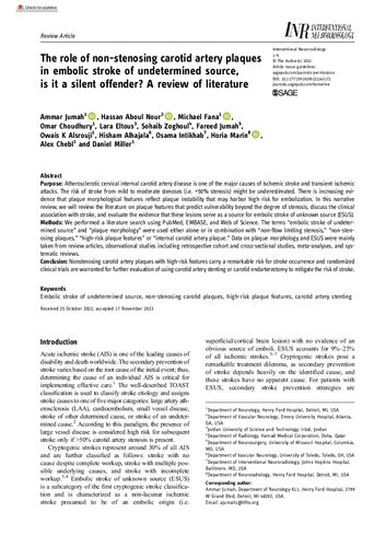 The Role Of Nonstenosing Carotid Artery Plaques In Embolic Stroke Of Undetermined Source Is It A Silent Offender A Review Of Literature