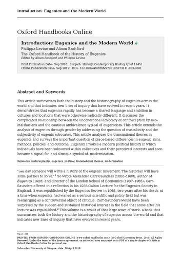 The Oxford Handbook Of The History Of Eugenics Alison Bashford Ed