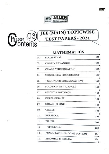 Jee Mains 2021 Mathematics Chapterwise Allen