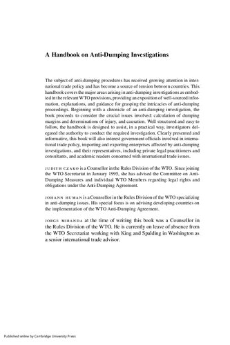 A Handbook On Antidumping Investigations Illustrated Judith Czako