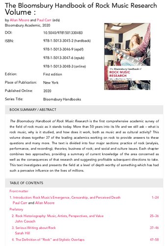 The Bloomsbury Handbook Of Rock Music Research Allan Moore Paul Carr
