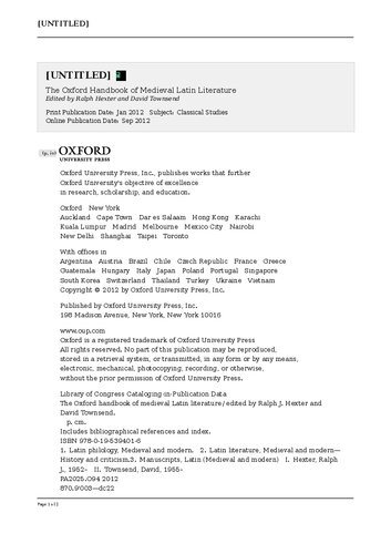 Oxford Handbook Of Medieval Latin Literature Oxford Handbooks Online Ralph Hexter