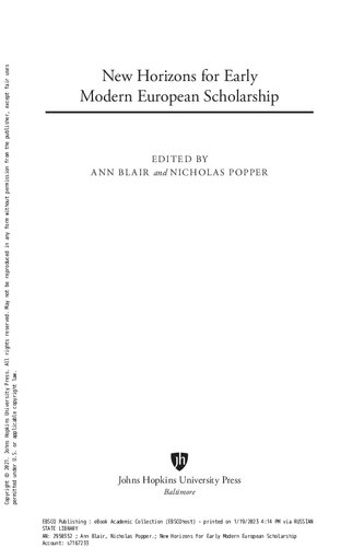New Horizons For Early Modern European Scholarship Nicholas Popper