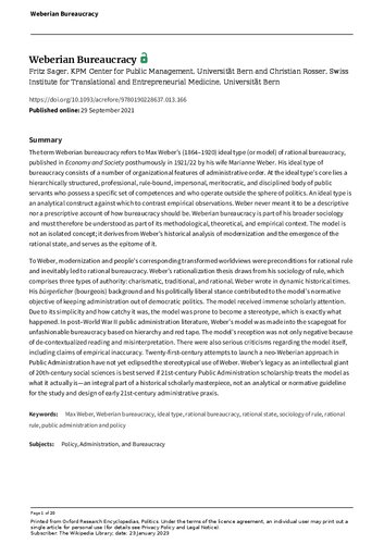 Weberian Bureaucracy Fritz Sager And Christian Rosser