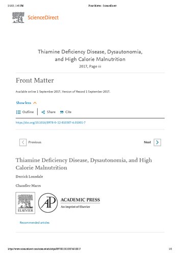 Orthomolecular Medicine Thiamine Deficiency Disease Dysautonomia And High Calorie Malnutrition Vitamin B1 Thiamin 1st Edition Derrick Lonsdale