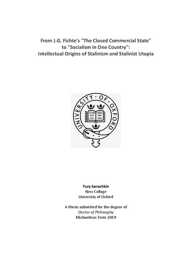 From Jg Fichtes The Closed Commercial State To Socialism In One Country Intellectual Origins Of Stalinism And Stalinist Utopia Yury Sorochkin