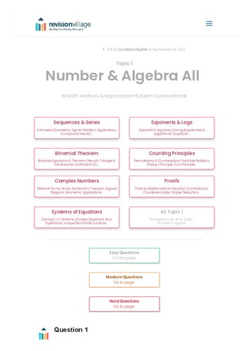 Revision Village Math Aa Hl Number Algebra Easy Difficulty Revision Village Authors