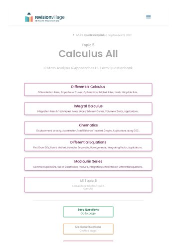 Revision Village Math Aa Hl Calculus Medium Difficulty Questionbank Revision Village Authors