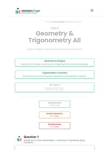 Revision Village Math Aa Sl Geometry Trigonometry Easy Difficulty Questionbank Revision Village Authors