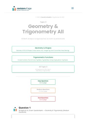 Revision Village Math Aa Sl Geometry Trigonometry Medium Difficulty Questionbank Revision Village Authors
