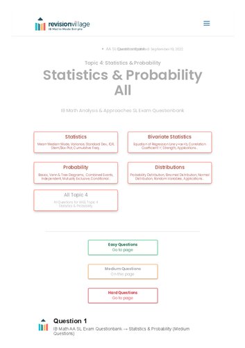 Revision Village Math Aa Sl Statistics Probability Medium Difficulty Questionbank Revision Village Authors