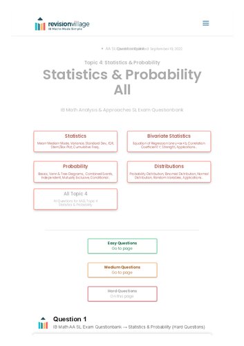 Revision Village Math Aa Sl Statistics Probability Hard Difficulty Questionbank Revision Village Authors