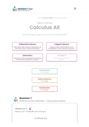 Revision Village Math Aa Sl Calculus Easy Difficulty Questionbank Revision Village Authors