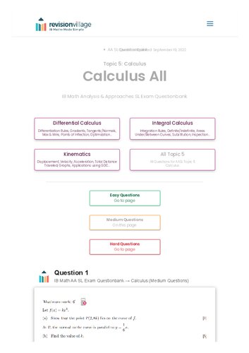 Revision Village Math Aa Sl Calculus Medium Difficulty Questionbank Revision Village Authors
