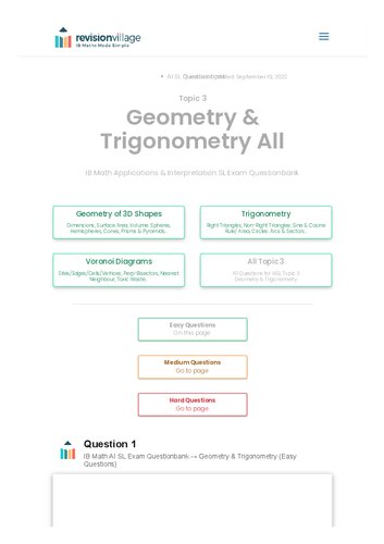 Revision Village Math Ai Sl Geometry Trigonometry Easy Difficulty Questionbank Revision Village Authors