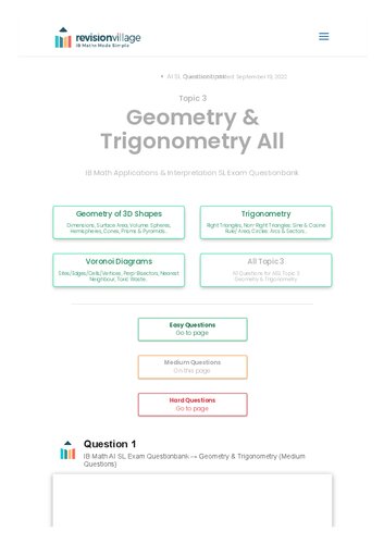 Revision Village Math Ai Sl Geometry Trigonometry Medium Difficulty Questionbank Revision Village Authors
