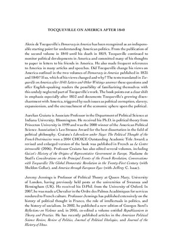 Tocqueville On America After 1840 Letters And Other Writings Alexis De Tocqueville Aurelian Craiutu Jeremy Jennings