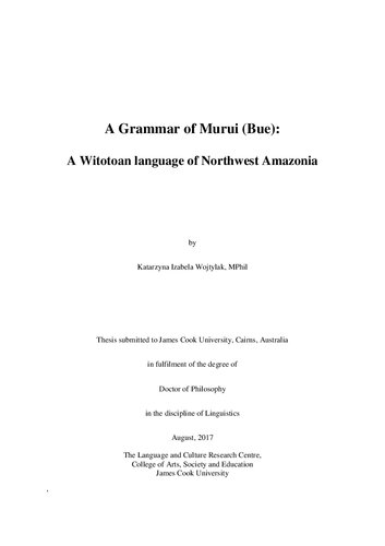 A Grammar Of Murui Bue A Witotoan Language Of Northwest Amazonia Katarzyna Izabela Wojtylak