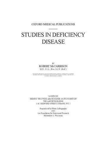 Studies In Deficiency Disease Of Vitamins And Minerals Robert Mccarrison