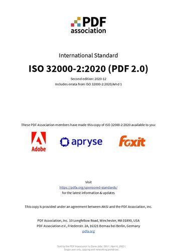Iso 3200022020 Document Management Portable Document Format Part 2 Pdf 20 Sponsored 2nd Edition Iso