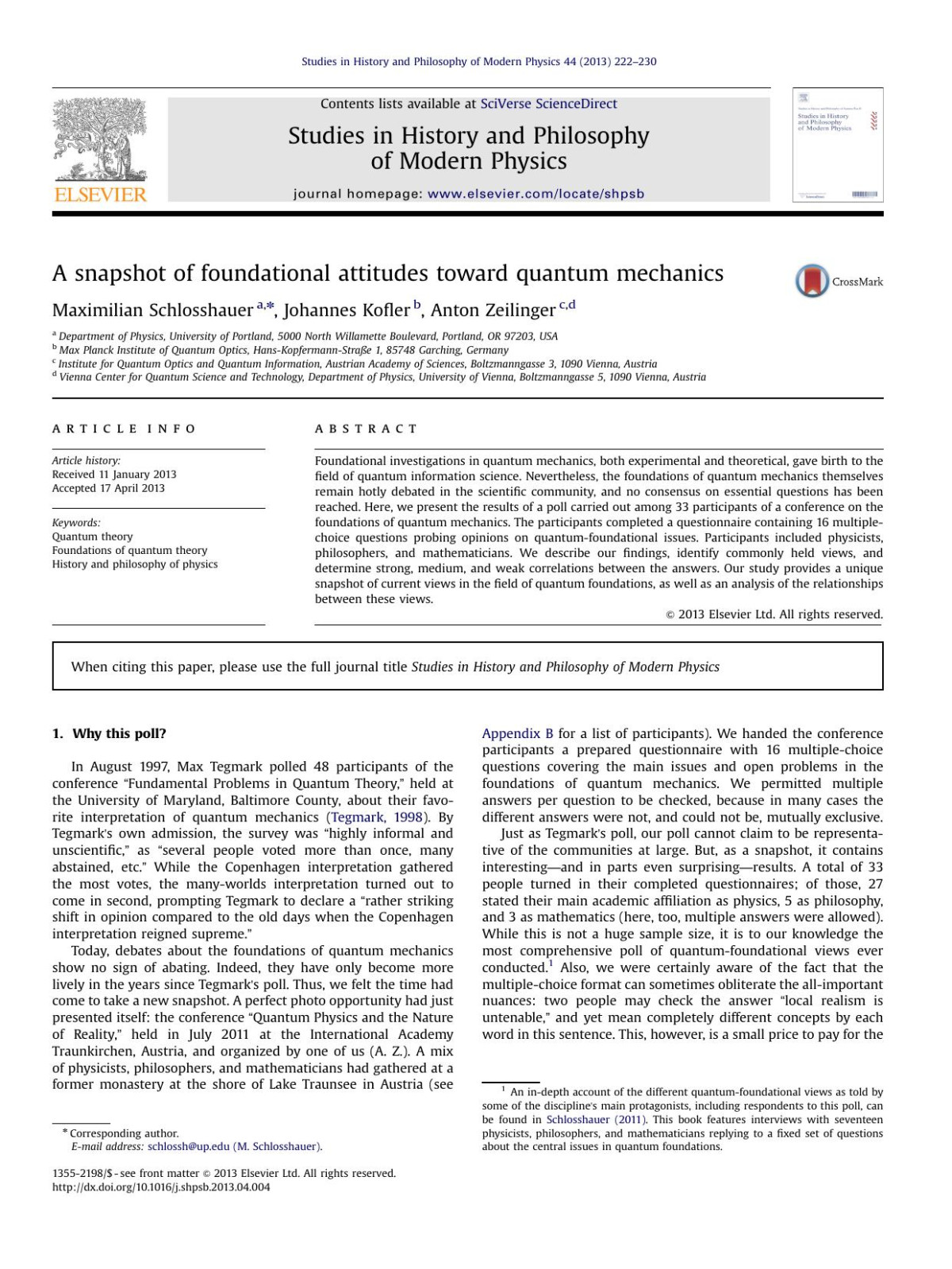 A Snapshot Of Foundational Attitudes Toward Quantum Mechanics Studies In History And Philosophy Of Modern Physics 44 1st Edition Maximilian Schlosshauer