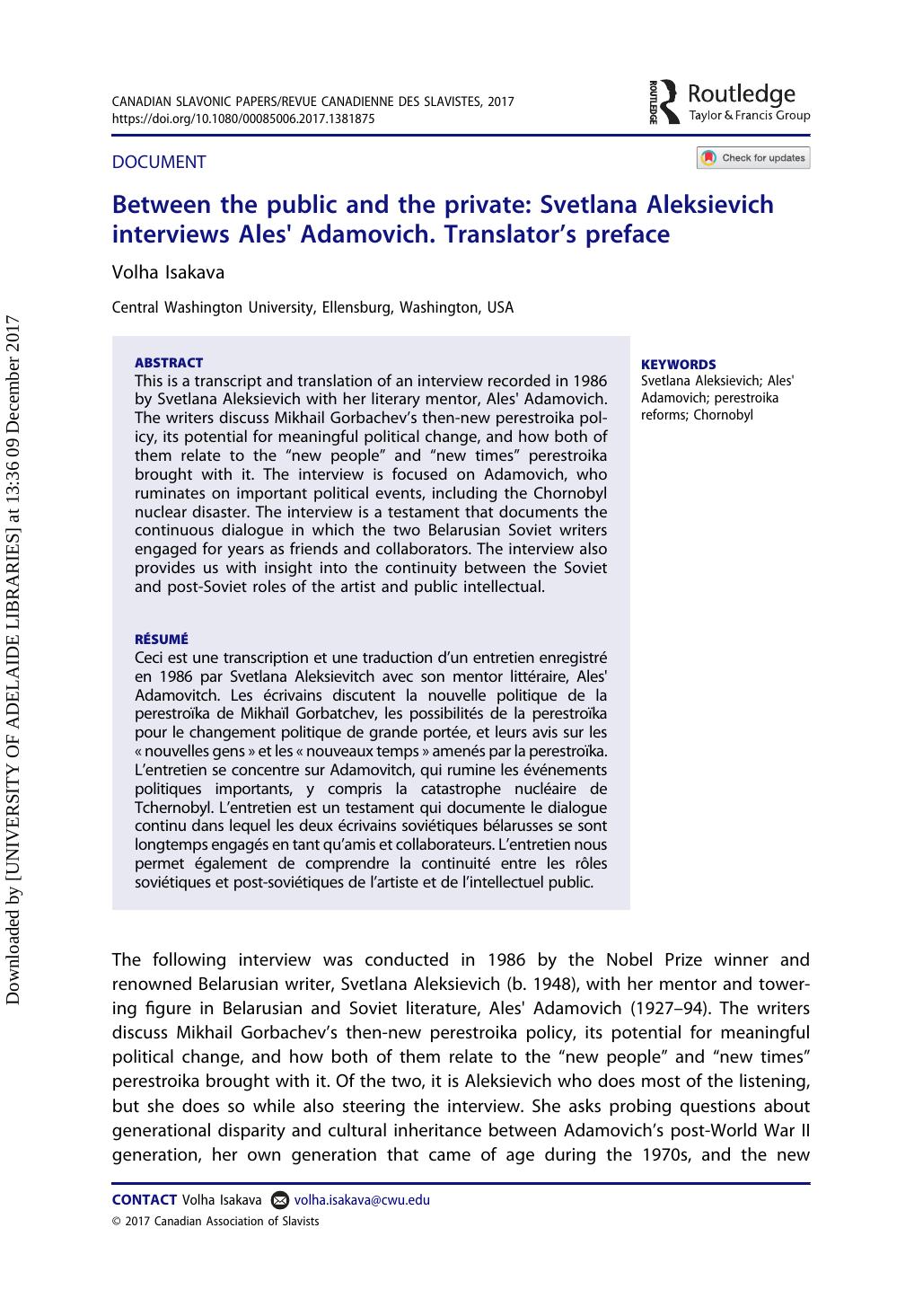 Between The Public And The Private Svetlana Aleksievich Interviews Ales Adamovich Translators Preface Volha Isakava