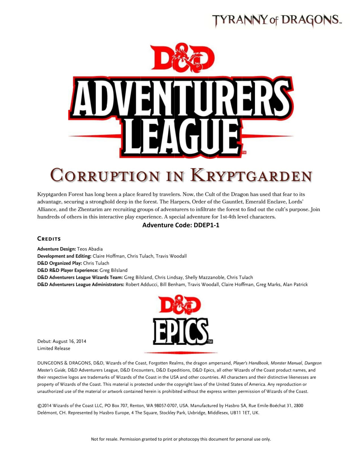 Dd Adventure League Epics Tyranny Of The Dragons Corruption In Kryptgarden Teos Abadia