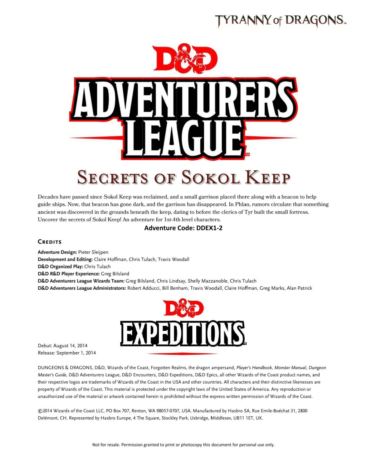 Dd 5th Adventure League Expeditions Tyranny Of The Dragons Secrets Of Sokol Keep Pieter Sleijpen