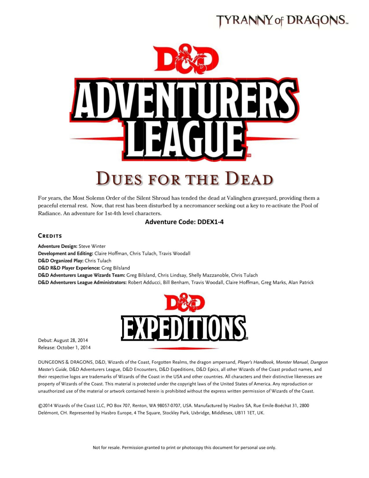 Dd Adventure League Expeditions Tyranny Of The Dragons Dues For The Dead Steve Winter