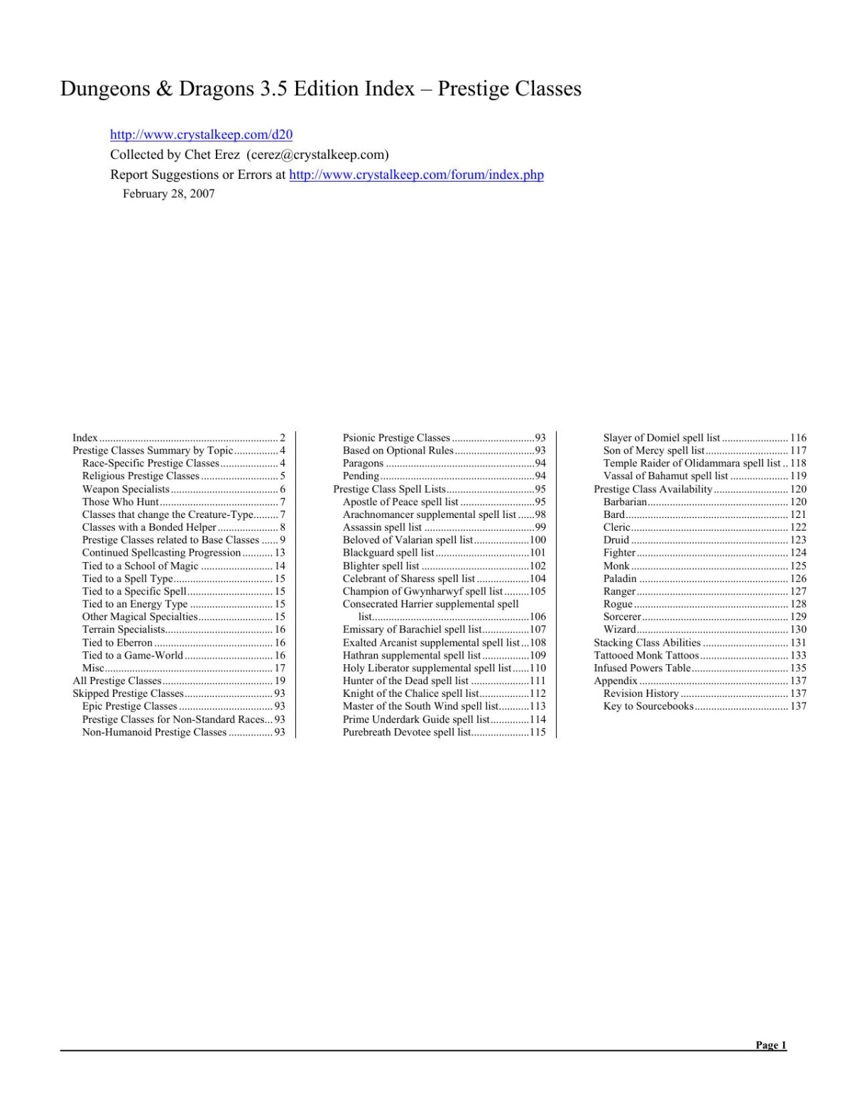 Dungeons Dragons 35 Edition Index Prestige Classes Chet Erez Collector