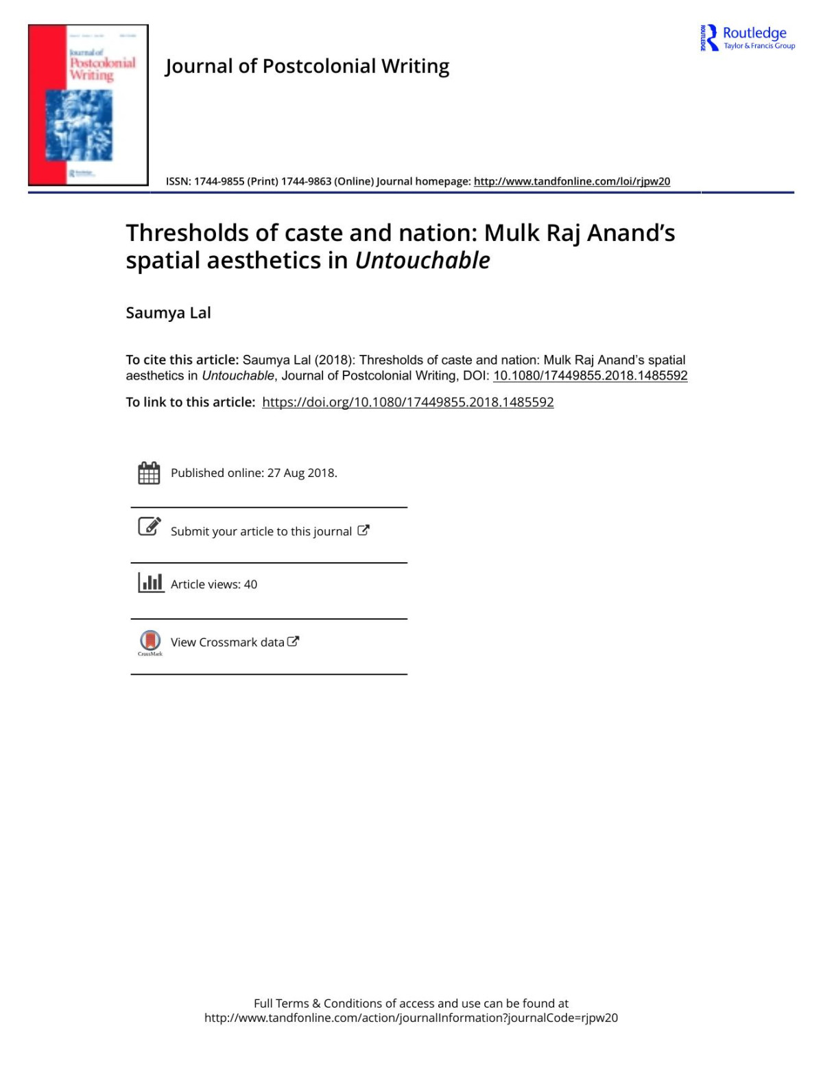 Thresholds Of Caste And Nation Mulk Raj Anands Spatial Aesthetics In Untouchable Saumya Lal