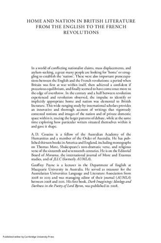 Home And Nation In British Literature From The English To The French Revolutions 1st Edition A D Cousins Editor