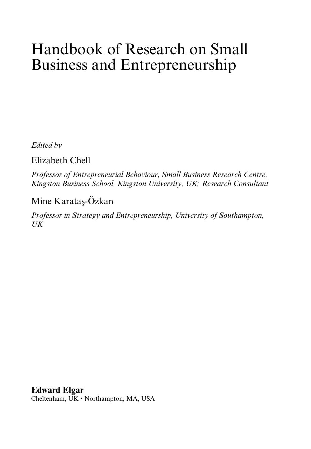 Handbook Of Research On Small Business And Entrepreneurship Elizabeth Chell