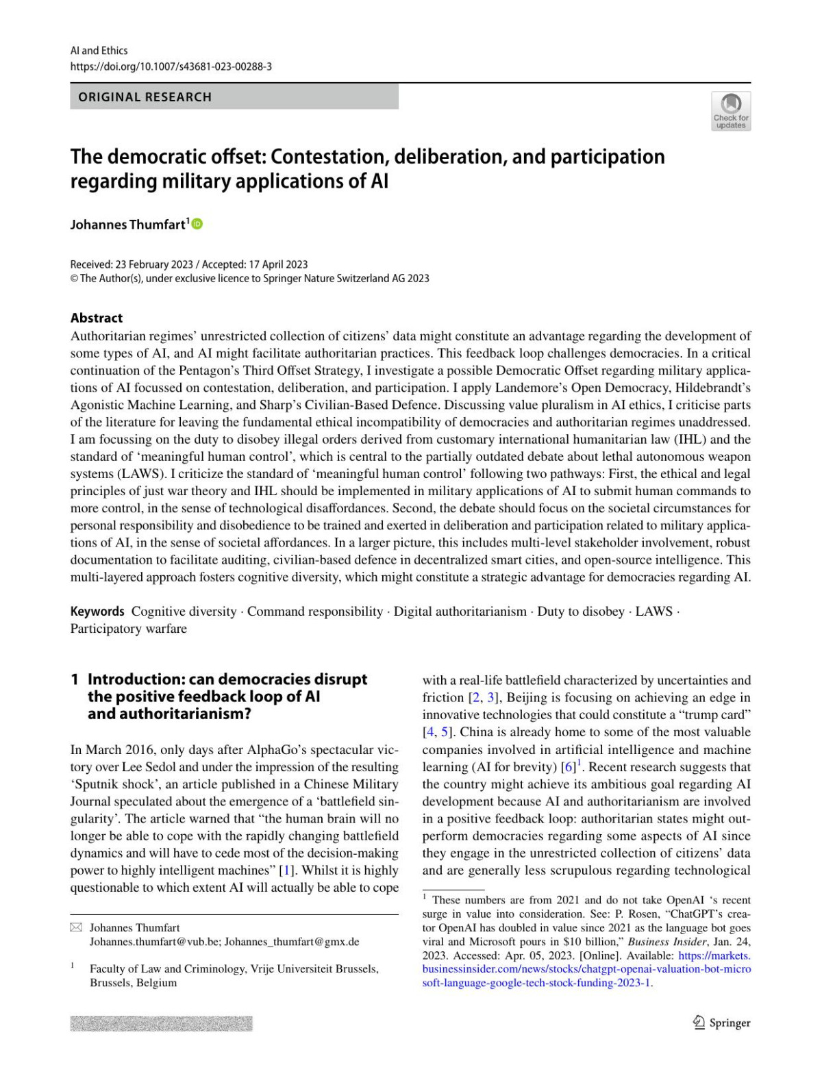 The Democratic Offset Contestation Deliberation And Participation Regarding Military Applications Of Ai Johannes Thumfart