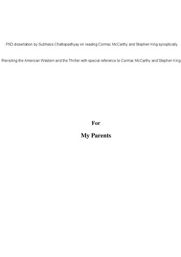 Revisiting The American Western And The Thriller With Special Reference To Cormac Mccarthy And Stephen King Unpublished Phd Dissertation Subhasis Chattopadhyay