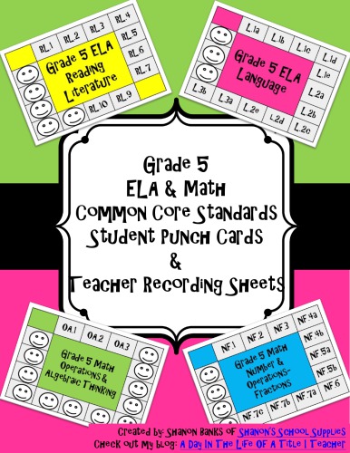5th Grade Math And Ela Common Core Punch Cards And Recording Sheets Shanons School Supplies