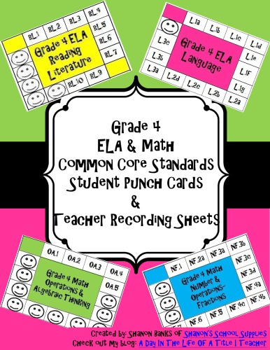 4th Grade Math And Ela Common Core Punch Cards And Recording Sheets Shanons School Supplies