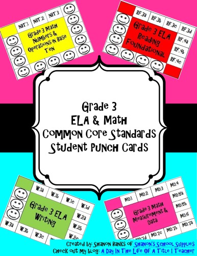 3rd Grade Math And Ela Common Core Punch Cards And Recording Sheets Shanons School Supplies