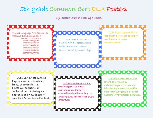5th Grade Common Core Posters Ela Polka Dot Background Teaching Momster