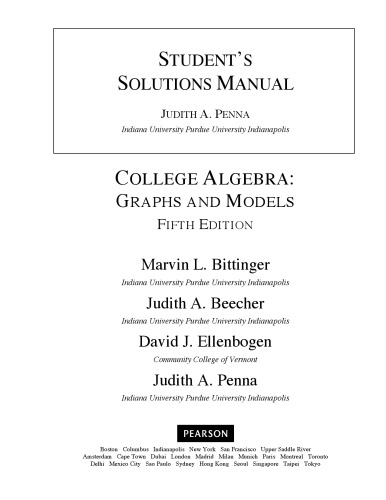 Students Solutions Manual For College Algebra Graphs And Models 5th Edition Judith A Penna